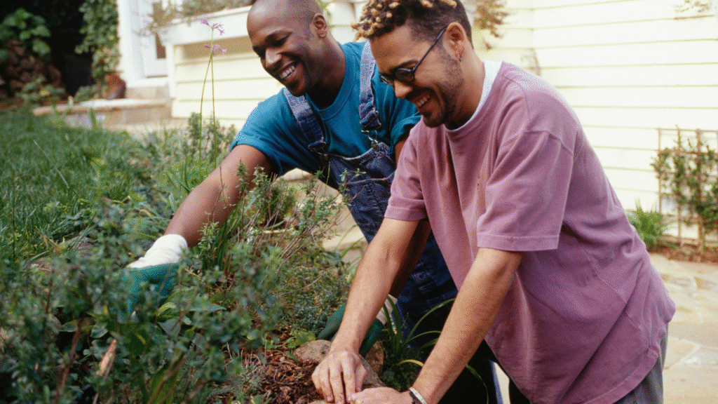 two men gardening to show benefits of garden activities for dementia
