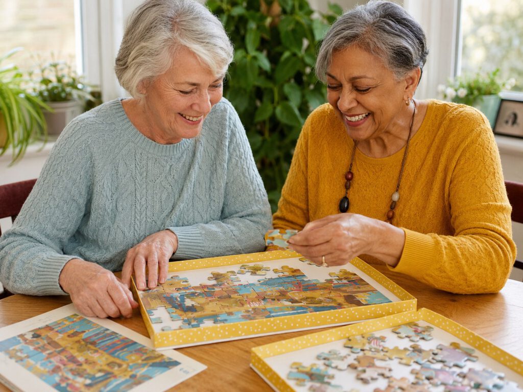Two people enjoying a shared jigsaw activity at a table.